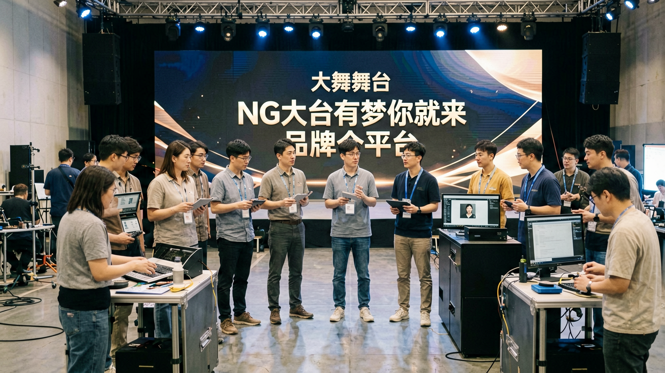 壹号娱乐品牌团队在NG大舞台筹备现场，展示专业幕后工作